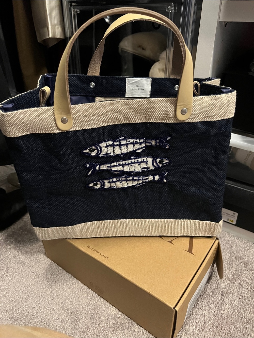 Navy and Cream Tote Bag with beaded Fish Embroidery